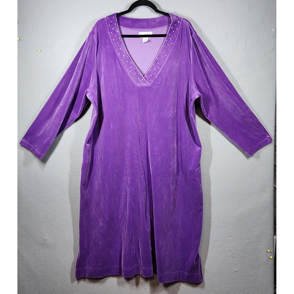 Velour Mumu Womens 1X Natural Impressions‎ Purple Long Sleeve V-Neck Pockets